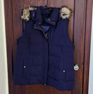 Lands' End Dark Blue Vest with Faux Fur Hood